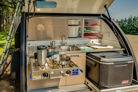 Cooking is so easy with the Galley Kitchen -- Pots, Pans, Plates, Cups, Utensils all included.