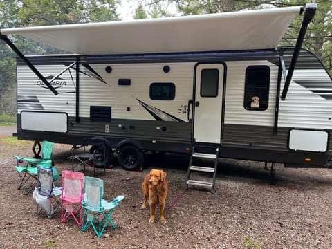 Electric awning with LED and speakers for outdoor fun
*Golden retriever not included 