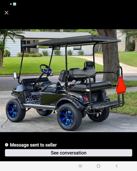 Available - Get around on a "Next Level" lifted golf cart. Bluetooth music, led lights ground effects, seats 4, full canopy,