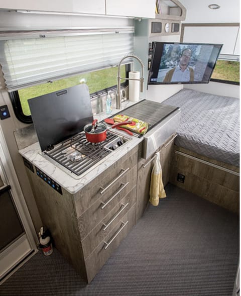 Two burner stove top with kitchen sink