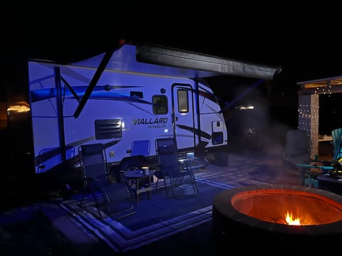 LED lights on awning provide a cool ambiance at night