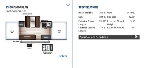 Floorplan shows the interior and weight requirements limits.