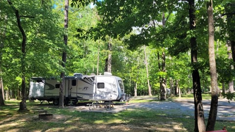 Full set up at campsite. Huge awning and outdoor rug is perfect for outdoor entertaining. Outdoor speakers connect to the stereo in living area.
