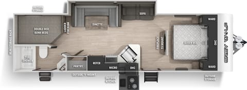 Private master bedroom, bunkbed, large U shape dinette table