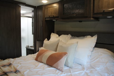 Master bathroom has an RV queen size bed with direct access to the bathroom and plenty of storage.