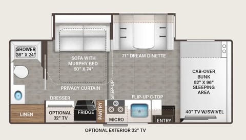 One of a kind 25M!  It's an easy size for driving yet has all the amenities. The only 25 foot RV you will find with a couch, dinette, and 3 beds!  