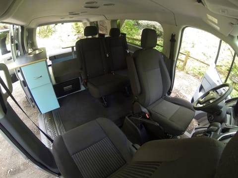 The front passenger side seat swivels around so you can relax and stretch out your legs. We can remove the two seats in the back if you only have 1-2 travelers and want more space. All our Trekker Vans include an 8-gallon refrigerator and a 7-gallon sink ready for your adventure.