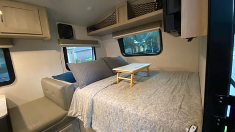 Cozy Queen Size Bed, Built in Pop-Out Plug In Head-Board