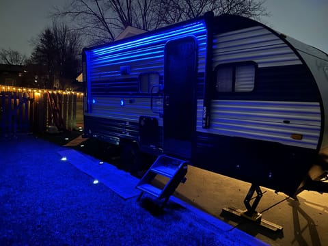 At night with exterior lights 