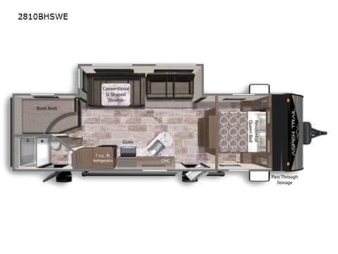 Layout of camper has 2 doors one to main body and one right to the bathroom.