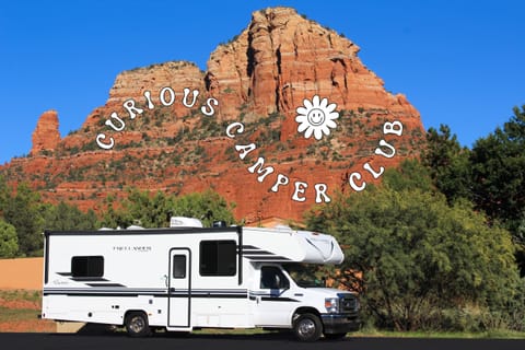 Our beautiful brand new camper shining in the Sedona sun! This 2022 Class C RV is the perfect size for your adventure wherever it takes you!