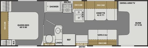 A detailed floor plan for your review showing all of the space this 7 person camper has to offer. So much room for activities!