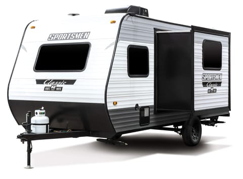 Our '22 Sportsmen Classic travel trailer with an off-road package that features all-terrain tires and a higher suspension.