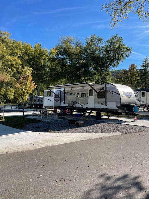 36 Foot fully set up with the awning extended and slideouts.