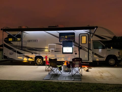Outside lights, speaker and tv make for a perfect camp out. 