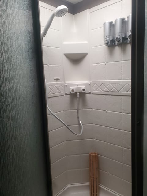Bathroom shower - shampoo, conditioner,  bodywash,  bamboo floor mat, hand soap, 
and lotion 