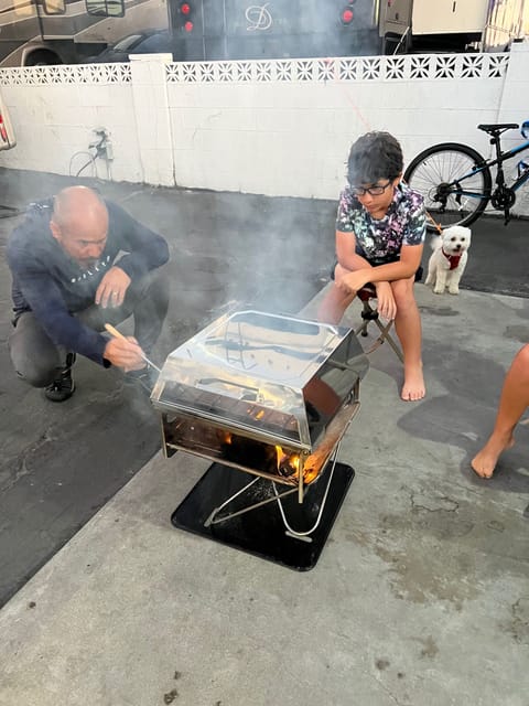 We do outdoor cooking in our Snow Peak grille - it’s a charcoal or wood fire grill and it’s compact it collapses completely - we are happy to lend out