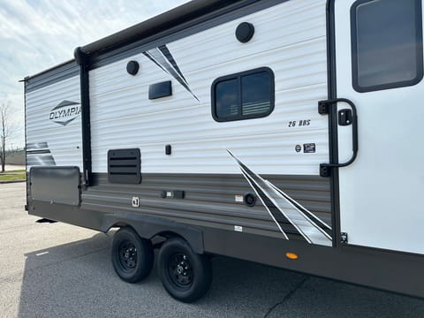 Exterior kitchen area powered by propane tank. Ask for availability.