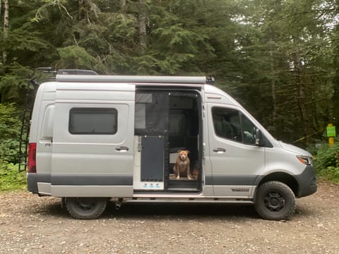 Dogs are welcome in the van! Let us know if you’re brining your pup and we’ll include a dog seatbelt clip, tie-off leads, and the Fido Pro.