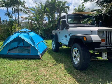 This is the EZ Tent and Jungle Jeep. 
The tent takes <5 minutes to set up on the first try. 
The jeepy is the most fun vehicle I've ever driven! 