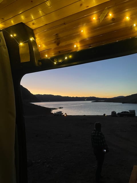 Beautiful view from inside of the van, looking out through the side door window. 