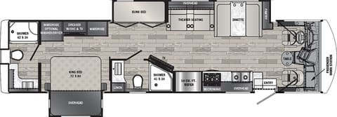 Discover the features of our pet-friendly Class A RV, designed with a thoughtful floor plan:

Living Area: Includes cozy theater seats opposite a TV for entertainment.

Kitchen: This kitchen features a quaint farmhouse sink, a 3-burner cooktop, and a microwave conveniently across from a booth dinette.

Bathrooms: There are two full bathrooms, one mid-ship and the other adjacent to the bunk beds, for easy access.

Bedroom: Provides a spacious sanctuary with a king bed and optional washer/dryer for convenience.

Cab: This cabin is equipped with swivel captain seats, a handy table, and a power overhead bunk to enhance comfort during travels.

This setup ensures comfort and functionality throughout our Class A RV journey.