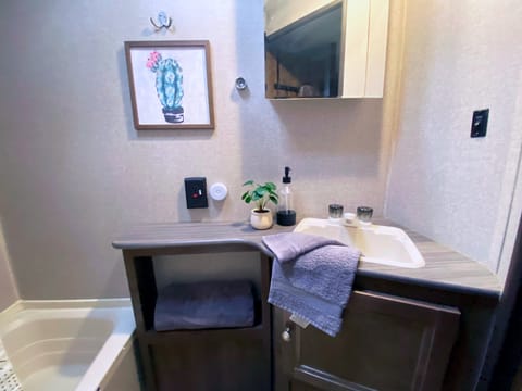 This bathroom is private and easy to use. Has a motion detection light and tub for littles.