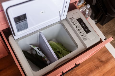 Laverne comes with a fridge/freezer to keep groceries and drinks nice and cold.