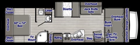 Floorplan. It's amazing what the slideout provides in additional living space.  2 Sleep in back, 2 on dinette, 1 on the sofa and 2 in overhead bunk. 