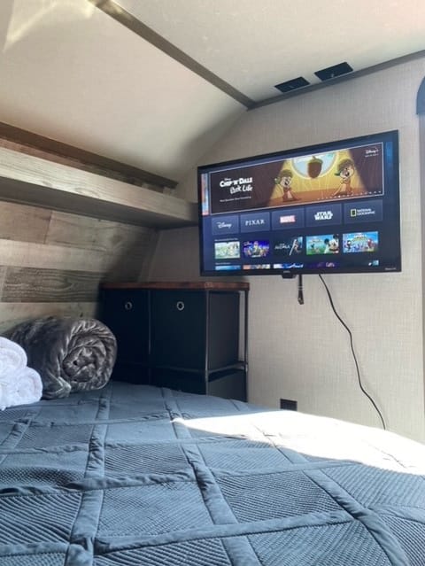 We have hooked up our Netflix, Prime, Disney and Hulu accounts. All you need is a hot spot on your phone or Wi-Fi to connect!