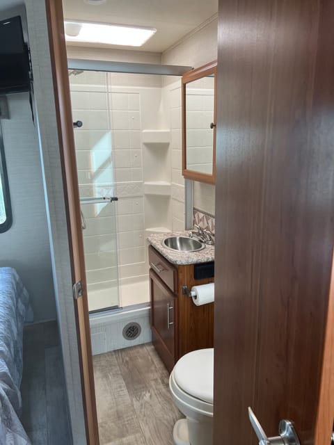 Interior bathroom with shower in Class A Motorhome
