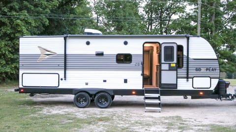 The exterior of the travel trailer right side.