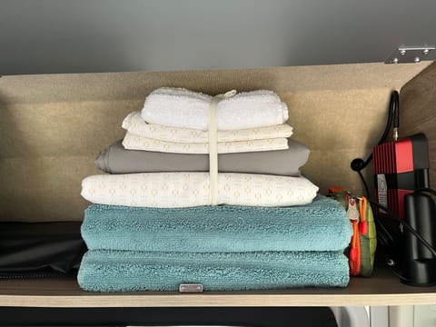 Sheets, pillowcases, a hand, towel, and two bath towels for your use, in the cabinet behind the driver seat. First aid kit is on the right.