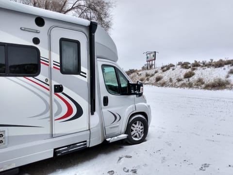 Easy to camp just about anywhere, like this parking area at a hot springs in Idaho.