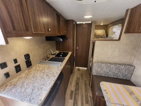 two burner stove, great counter space, under counter fridge