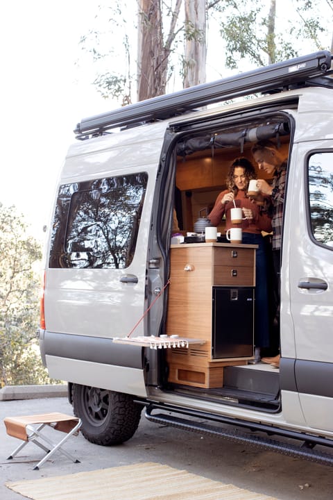 The bar counter folds down for al fresco dining! 