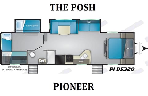 This floorplan features a master bedroom, living room with futon, dining area, kitchen, modern bathroom with shower, and a bunk room with four bunks.