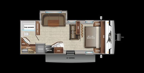 Floorplan of RV, sofa bed and dinette area both convert into sleeping areas.