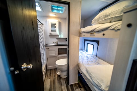 bathroom and bunk beds up close