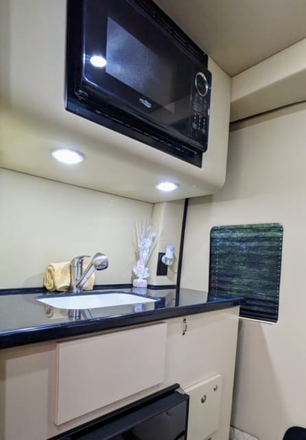 mini lounge with microwave, sink, refrigerator & restroom