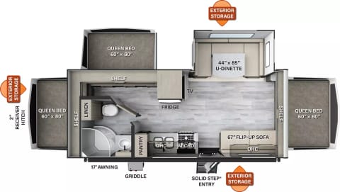 Fully loaded camper with a small footprint. Sleep from 6 comfortably, to 10 if you convert the dinette and couch into sleepers. Truly a unique layout.