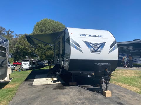 The “Sickbird Family” toy hauler is a 30-foot 2021 Forest River Vengeance Rogue 25V.