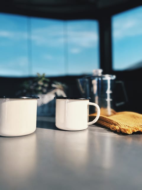 Enjoy sunrise coffee with a 6-cup percolator coffee maker you can heat up on the gas stove. Available are beautiful Emalco enamelware mugs from Poland