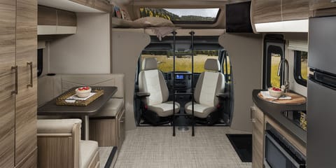 Front cab seats turn 180 degrees to allow for more seating while you’re camping. There are 2 optional large seat cushions which increase the height. 
