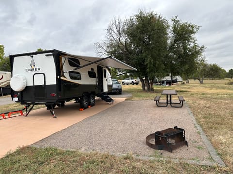 Exterior fully setup at a campsite
