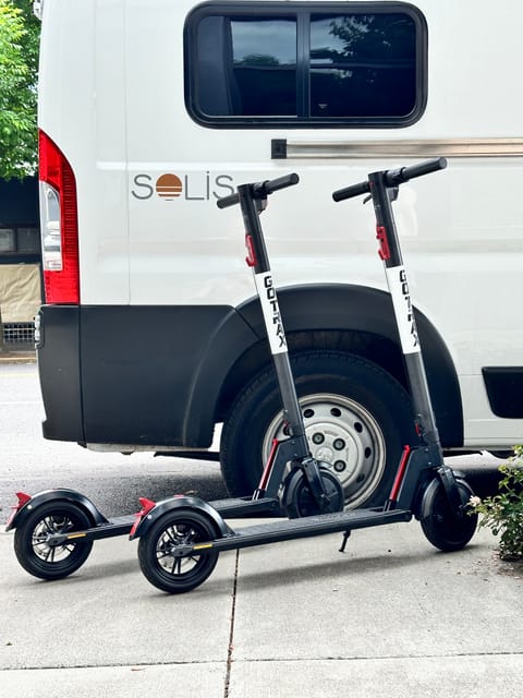 You can add on 1-2 electric scooters to making getting around even more fun! Suitable for adults and older children up to 220 lbs. Takes 4 hours to change for 12 miles of range (about 1 hour or so).

Will come fully charged and packed down under rear bed. Need to have 110V power (shore power) in order to recharge. Not suitable for true off-grid use.

Choose add-ons if you want to include 1 or 2 of these.
