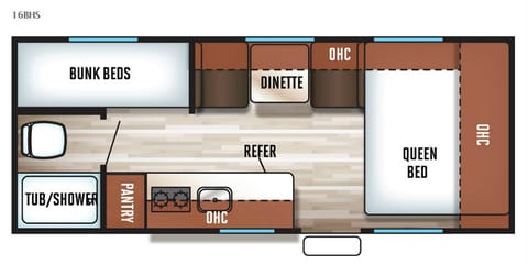 Our floor plan has a minor change due to the large fridge and freezer. It has more storage cupboards under the cook prep area) This well thought out floor plan makes this Lightweight camper a perfect little home away from home while your Glamping ( it's camping in nature while still enjoying the glamour and amenities of home.) other than that it's the same.