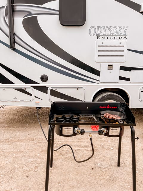 2 burner Camp Chef that hooks directly into the RV propane.