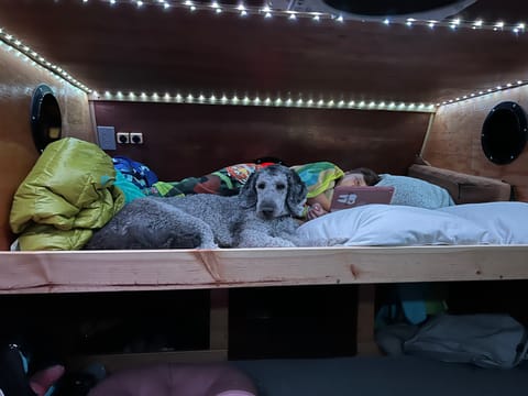 This is of the floating bunk as you can see my son and standard poodle fit comfortably and still have space to lounge.