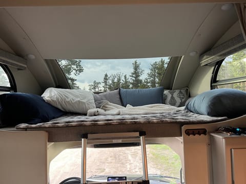 Full size air mattress fits here if wanted! Sleeping above the cab with panoramic views!